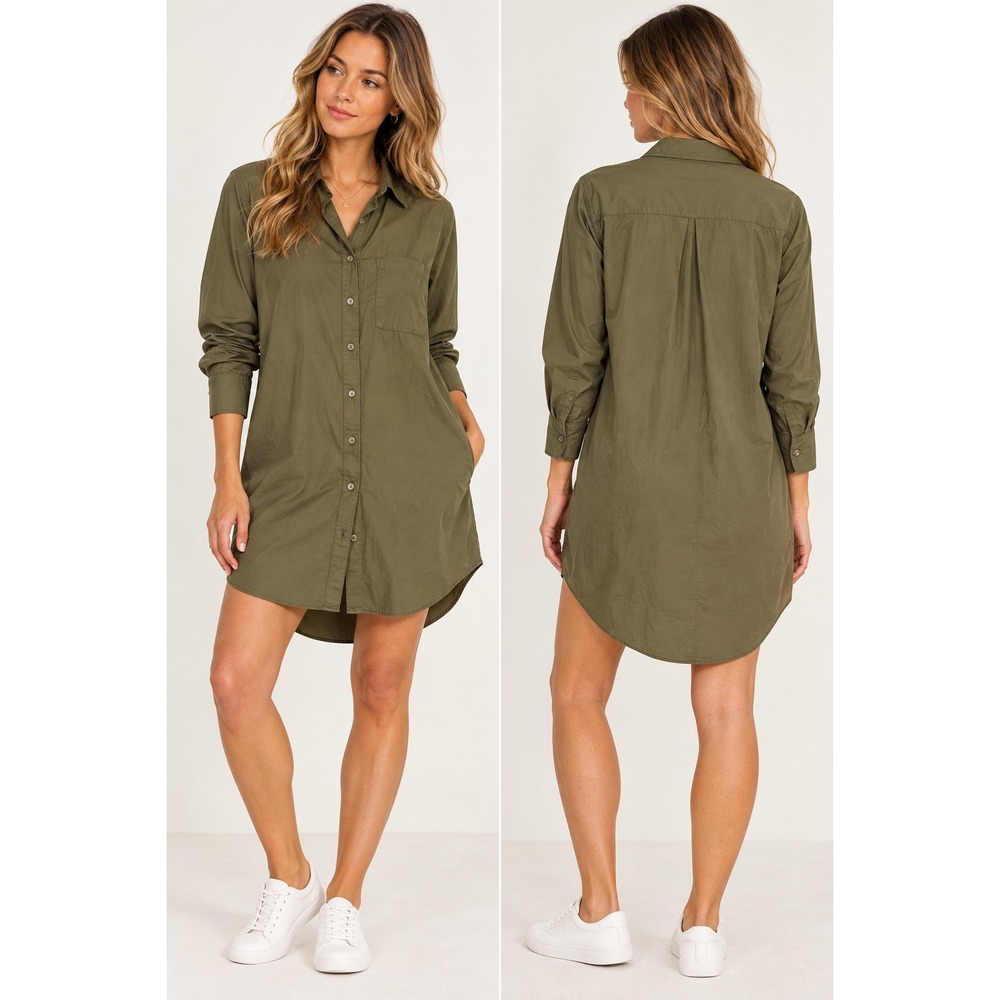 Nordstrom Womens Olive Green Cotton Long Sleeve Button Down Shirt Dress Large